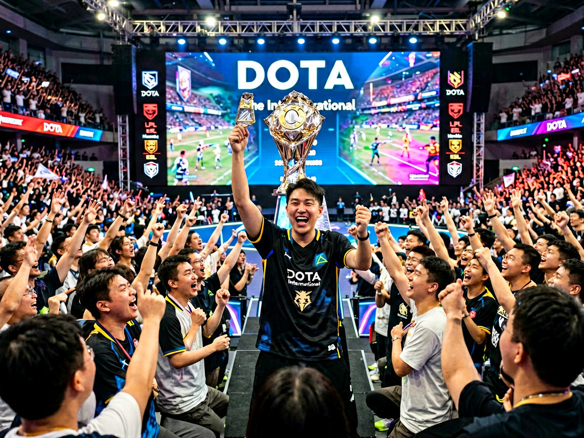 DOTA2国际邀请赛现场，观众欢呼见证冠军诞生