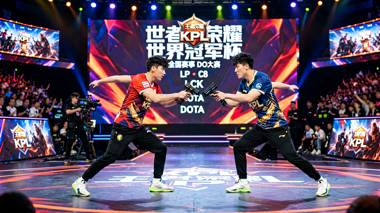 王者荣耀KPL职业联赛现场，选手在舞台上激烈对抗