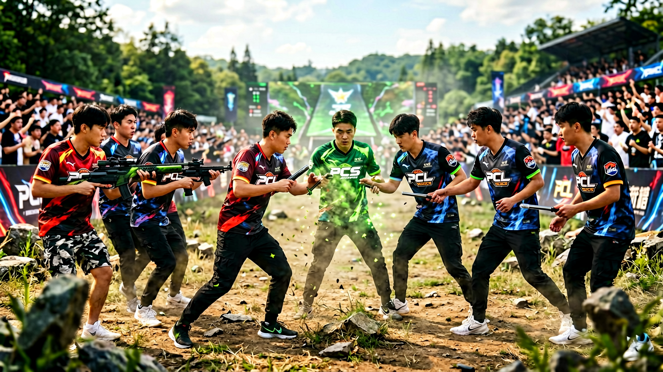绝地求生PCL职业联赛现场，选手进行大逃杀战术对抗